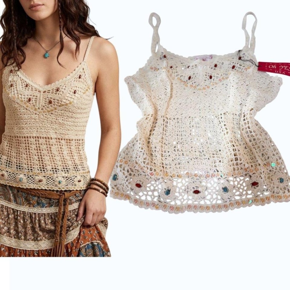 ✨ VINTAGE Y2K DEADSTOCK SEQUIN BEADED CROCHET‎ TOP S/M✨